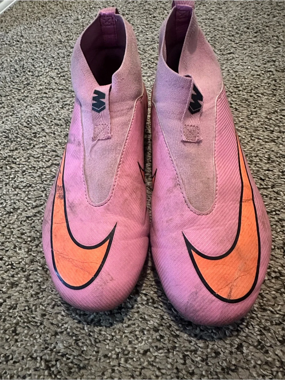 Nike Pink Laceless Soccer Shoes with Orange Swoosh